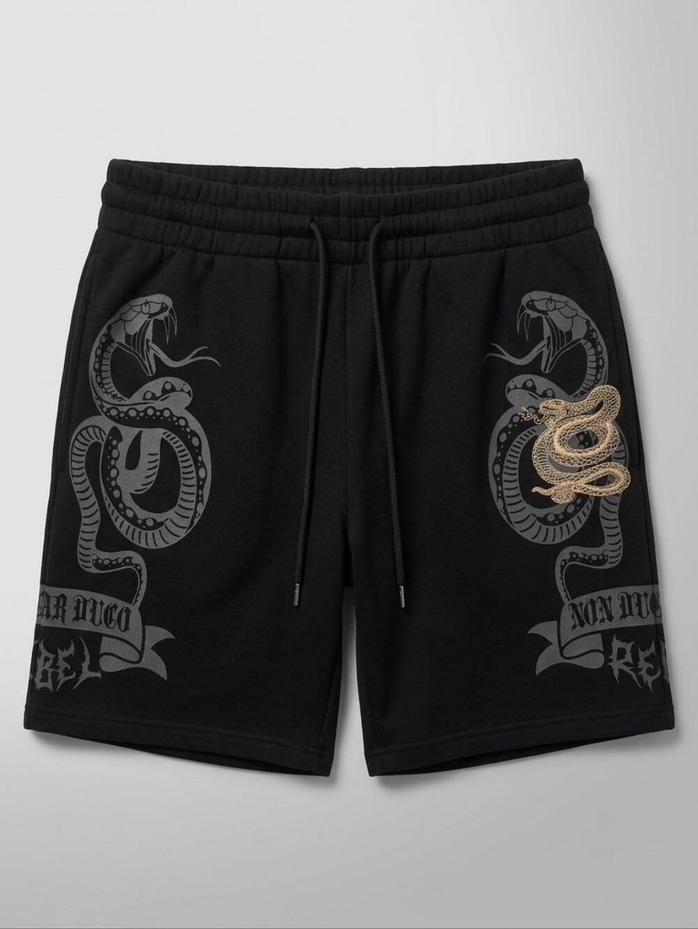 Rebels Vengeance Black Athletic Shorts with Embroided Snake Graphic